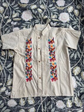 Youth Embroidered Short-Sleeve Shirt in Cream